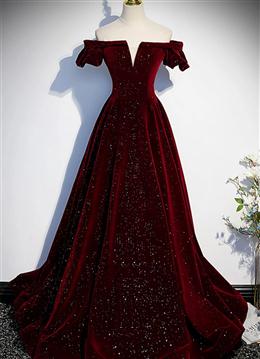 Picture of Wine Red Color Velvet Off Shoulder Long Formal Evening Gown, Wine Red Color Formal Dress